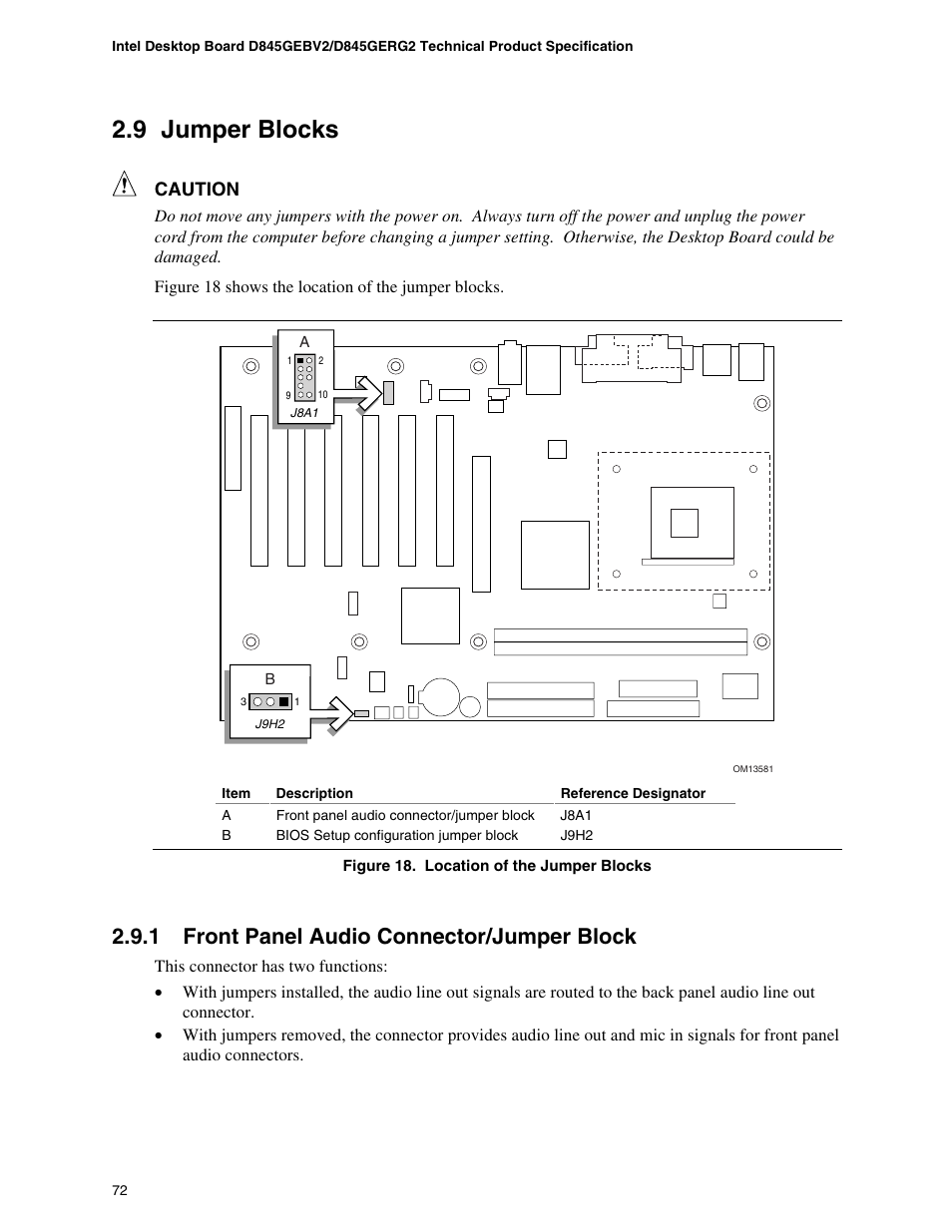 9 jumper blocks, 1 front panel audio connector/jumper block, Caution | Hypertherm D845GEBV2 User Manual | Page 72 / 128