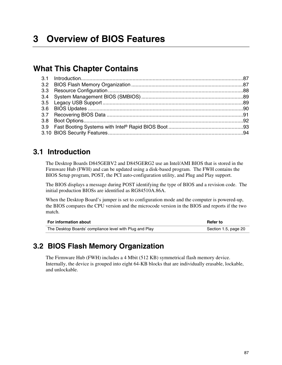 3 overview of bios features, 1 introduction, 2 bios flash memory organization | What this chapter contains | Hypertherm D845GEBV2 User Manual | Page 87 / 128