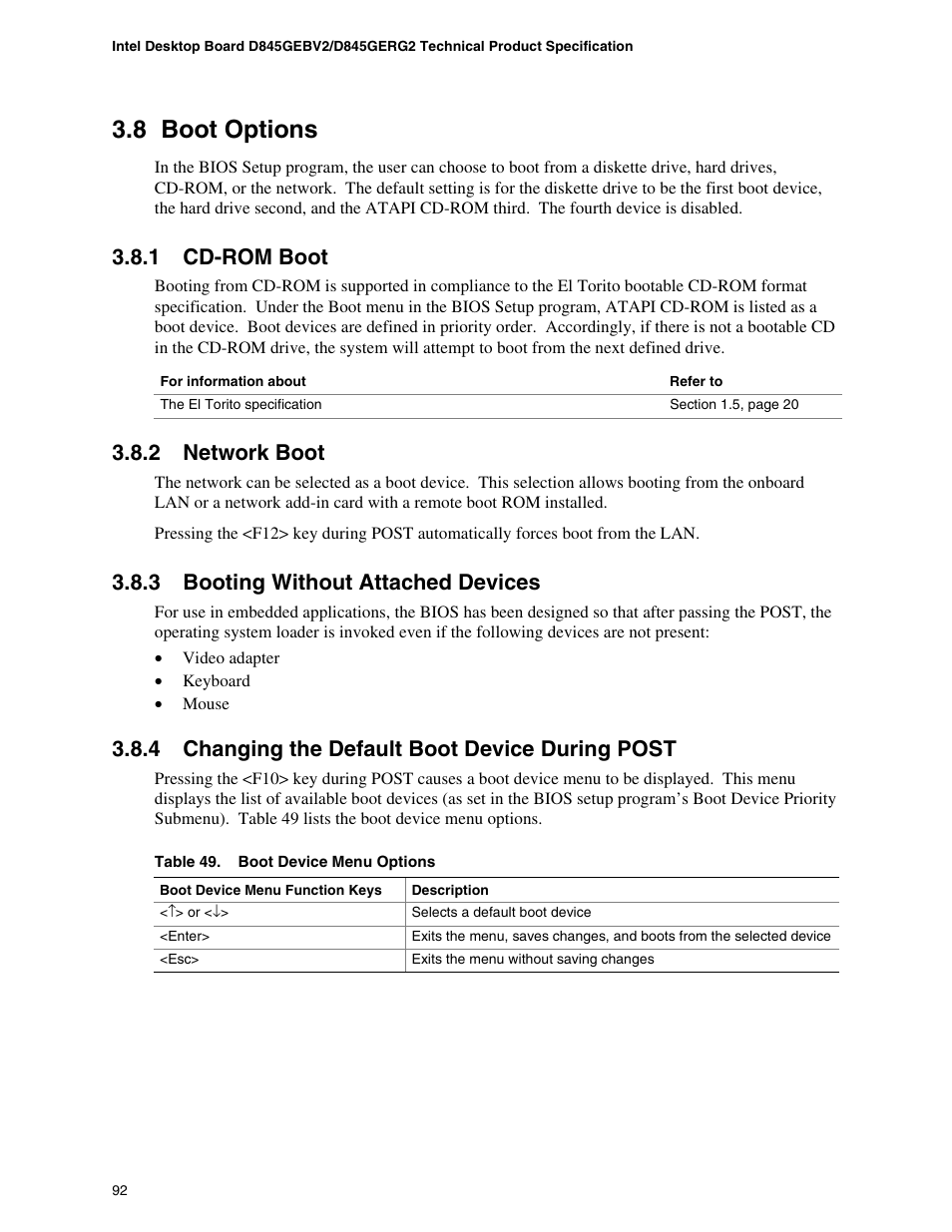 8 boot options, 1 cd-rom boot, 2 network boot | 3 booting without attached devices, 4 changing the default boot device during post | Hypertherm D845GEBV2 User Manual | Page 92 / 128