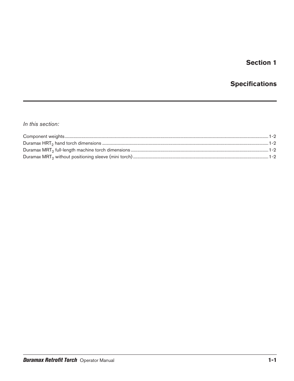 Section 1 specifications, Section 1 specifications -1 | Hypertherm HRT2 User Manual | Page 13 / 64