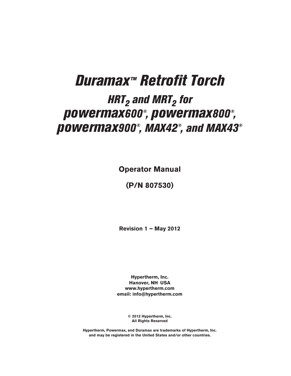 Duramax, Retrofit torch, Powermax | And mrt, Max42, And max43 | Hypertherm HRT2 User Manual | Page 3 / 64