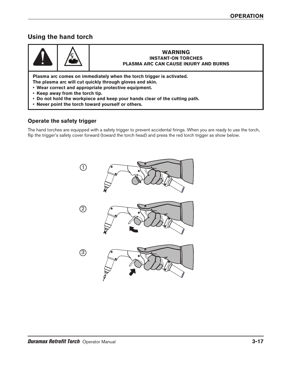 Using the hand torch, Operate the safety trigger, Using the hand torch -17 | Operate the safety trigger -17 | Hypertherm HRT2 User Manual | Page 47 / 64