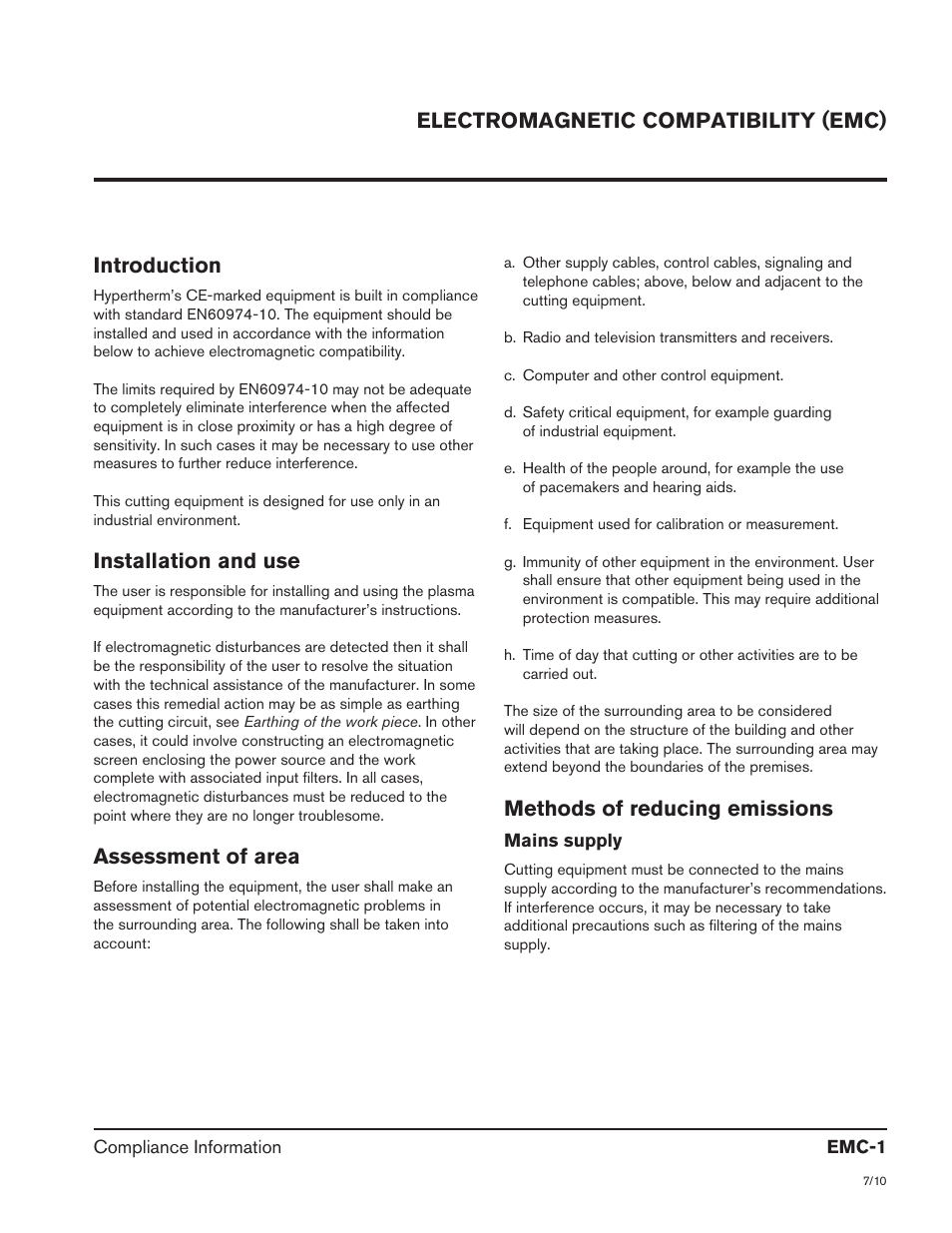 Electromagnetic compatibility (emc), Electromagnetic compatibility (emc) introduction, Installation and use | Assessment of area, Methods of reducing emissions | Hypertherm HRT2 User Manual | Page 5 / 64