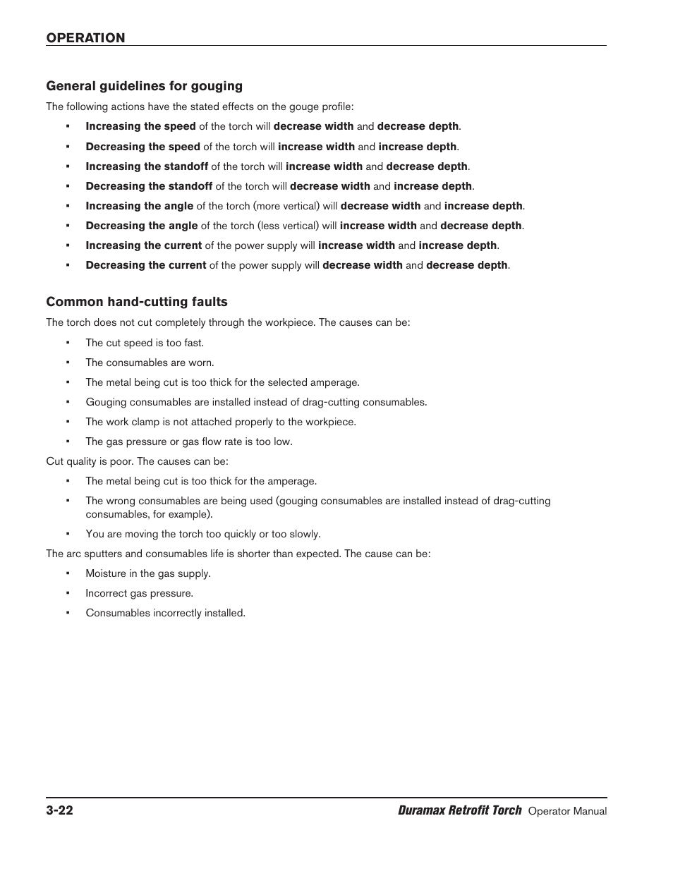 General guidelines for gouging, Common hand-cutting faults, General guidelines for gouging -22 | Common hand-cutting faults -22 | Hypertherm HRT2 User Manual | Page 52 / 64