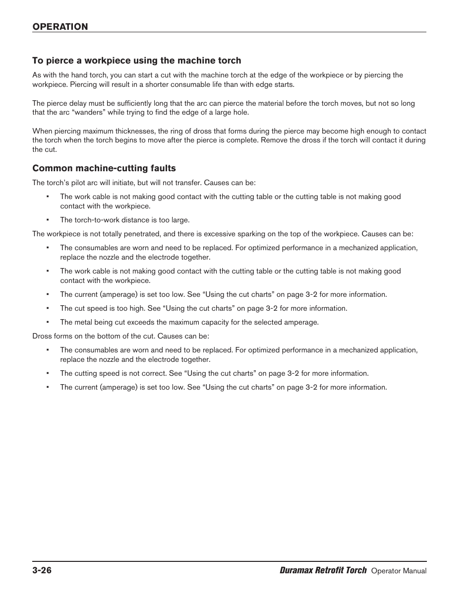 To pierce a workpiece using the machine torch, Common machine-cutting faults | Hypertherm HRT2 User Manual | Page 56 / 64