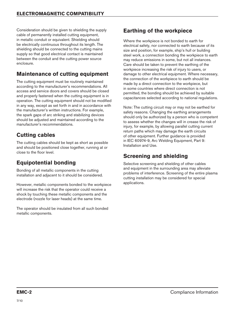 Maintenance of cutting equipment, Cutting cables, Equipotential bonding | Earthing of the workpiece, Screening and shielding | Hypertherm HRT2 User Manual | Page 6 / 64