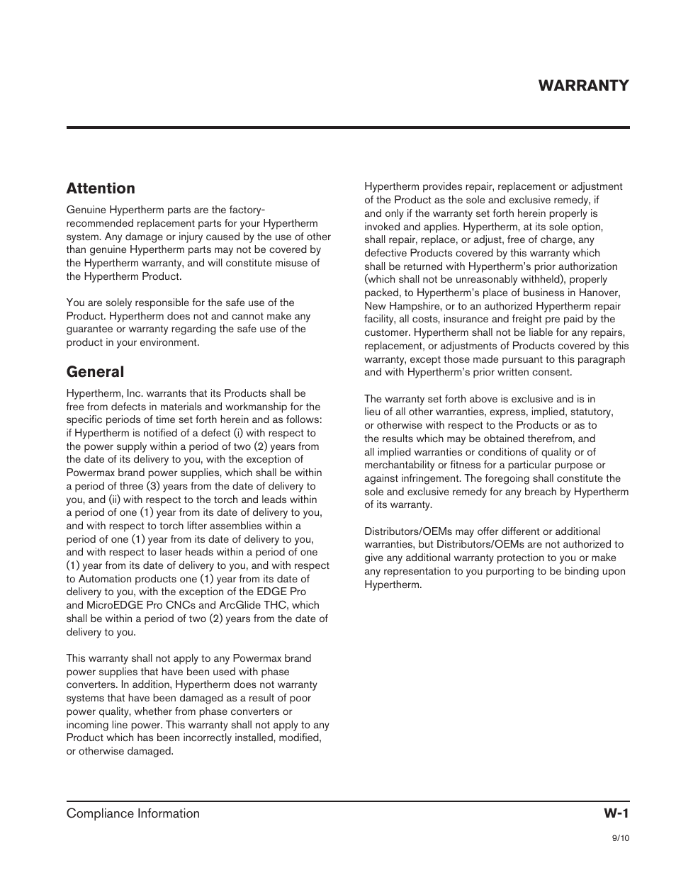 Warranty, Attention, General | Hypertherm HRT2 User Manual | Page 7 / 64