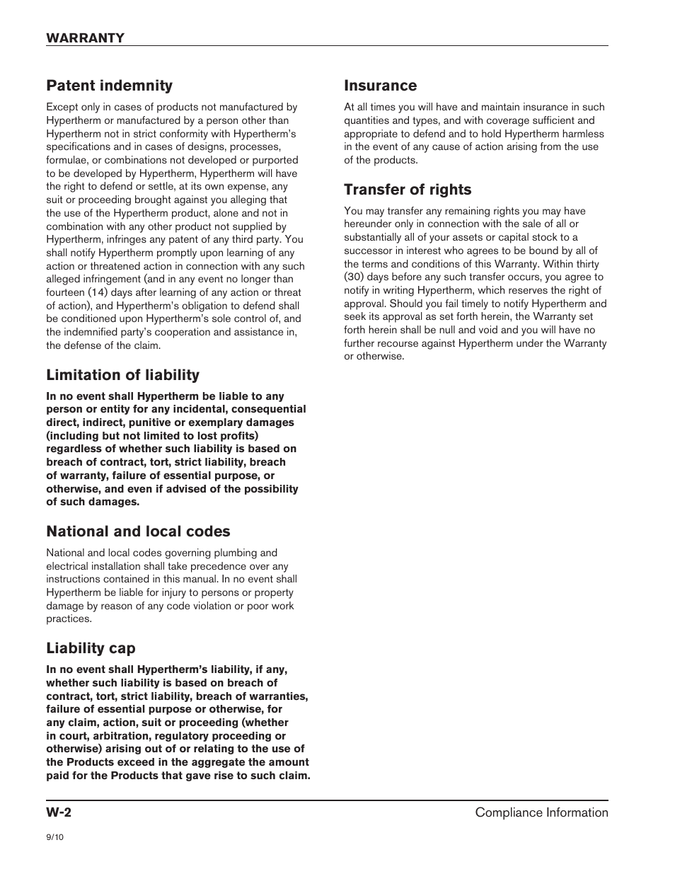 Patent indemnity, Limitation of liability, National and local codes | Liability cap, Insurance, Transfer of rights | Hypertherm HRT2 User Manual | Page 8 / 64