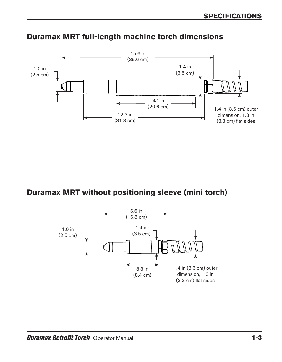 Duramax mrt full-length machine torch dimensions, Specifications duramax retrofit torch | Hypertherm HRT User Manual | Page 17 / 98