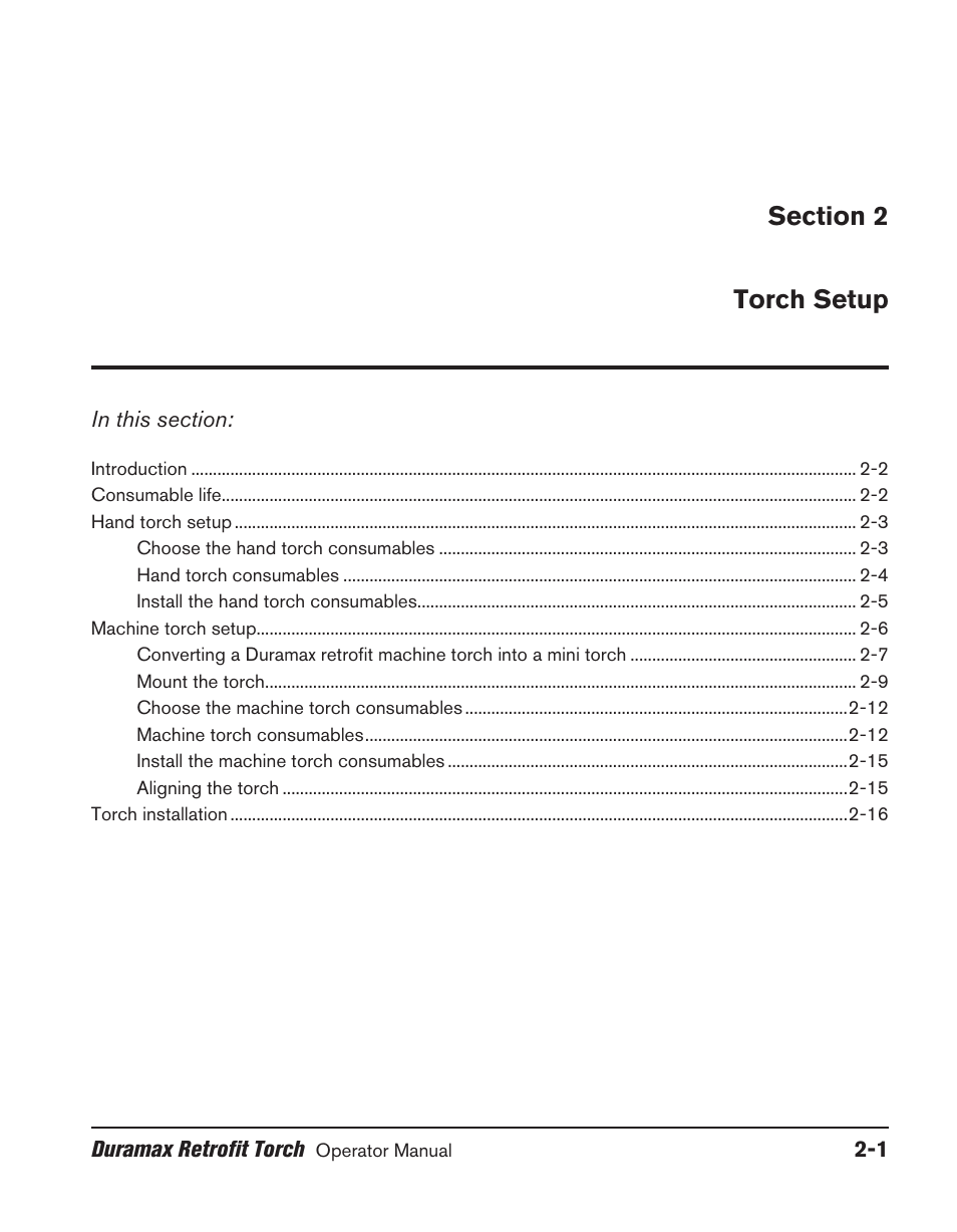 Section 2 torch setup, Section 2 torch setup -1 | Hypertherm HRT User Manual | Page 19 / 98