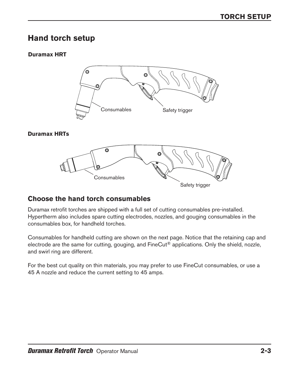 Hand torch setup, Choose the hand torch consumables, Hand torch setup ‑3 | Choose the hand torch consumables ‑3 | Hypertherm HRT User Manual | Page 21 / 98