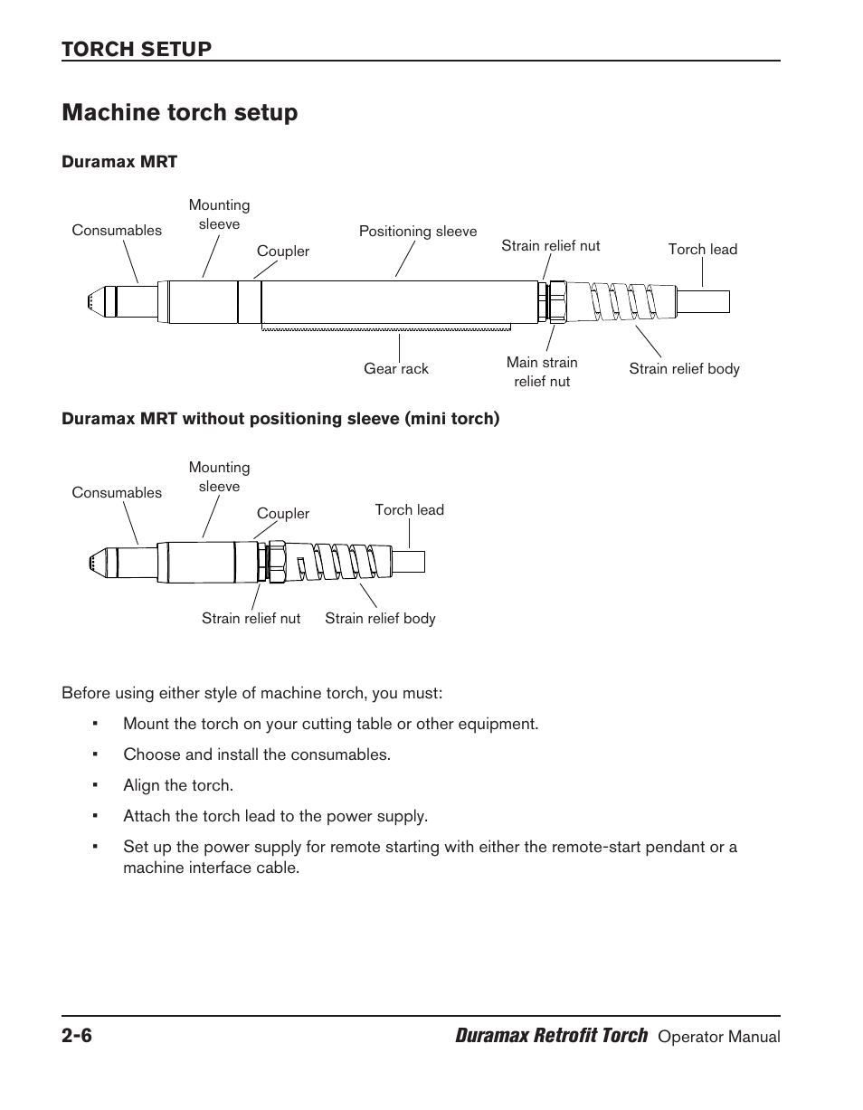 Machine torch setup, Machine torch setup ‑6, Torch setup 2-6 duramax retrofit torch | Hypertherm HRT User Manual | Page 24 / 98