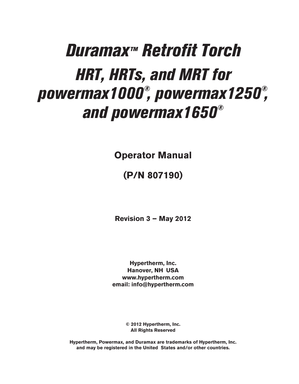 Duramax, Retrofit torch, Hrt, hrts, and mrt for powermax1000 | Powermax1250, And powermax1650 | Hypertherm HRT User Manual | Page 3 / 98