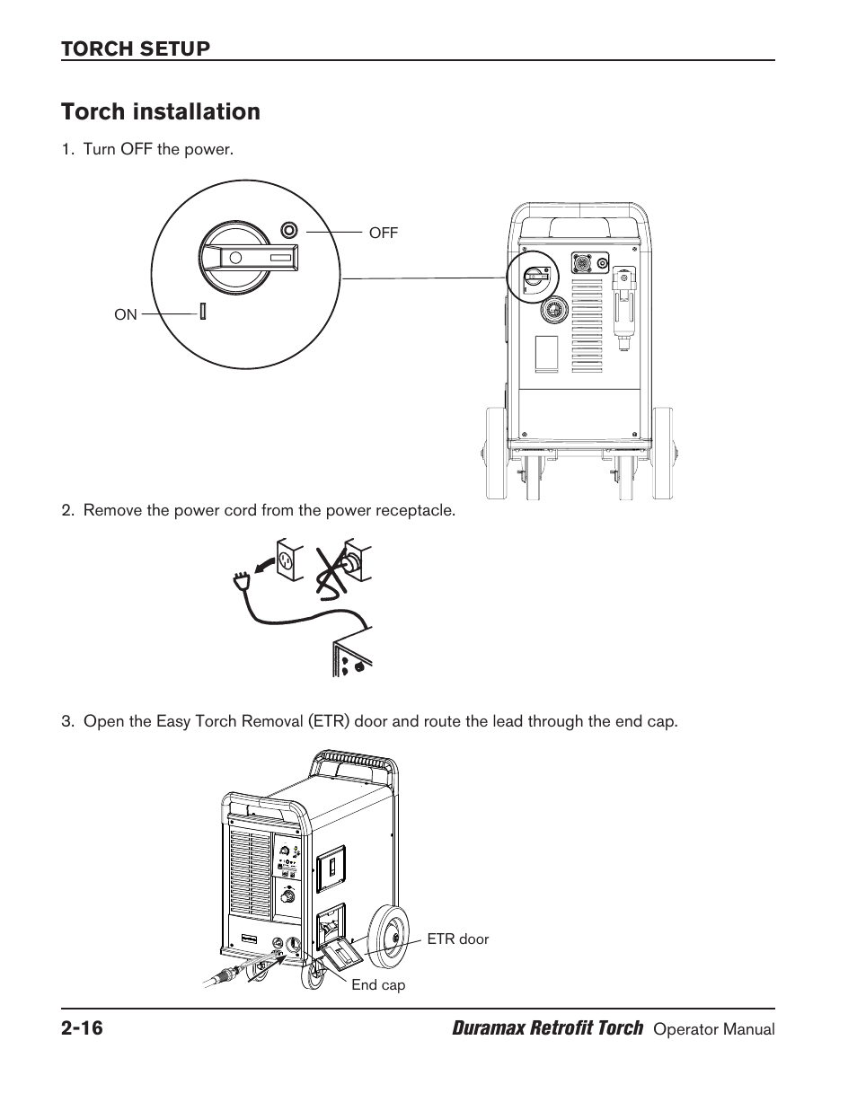 Torch installation, Torch installation ‑16, Torch setup 2-16 duramax retrofit torch | Hypertherm HRT User Manual | Page 34 / 98