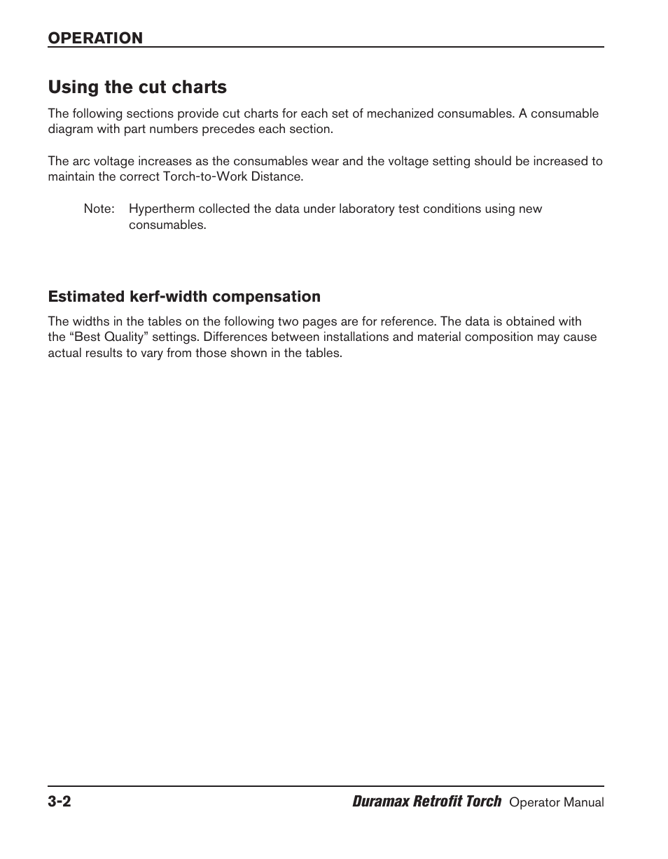 Using the cut charts, Estimated kerf-width compensation, Using the cut charts ‑2 | Estimated kerf‑width compensation ‑2 | Hypertherm HRT User Manual | Page 38 / 98