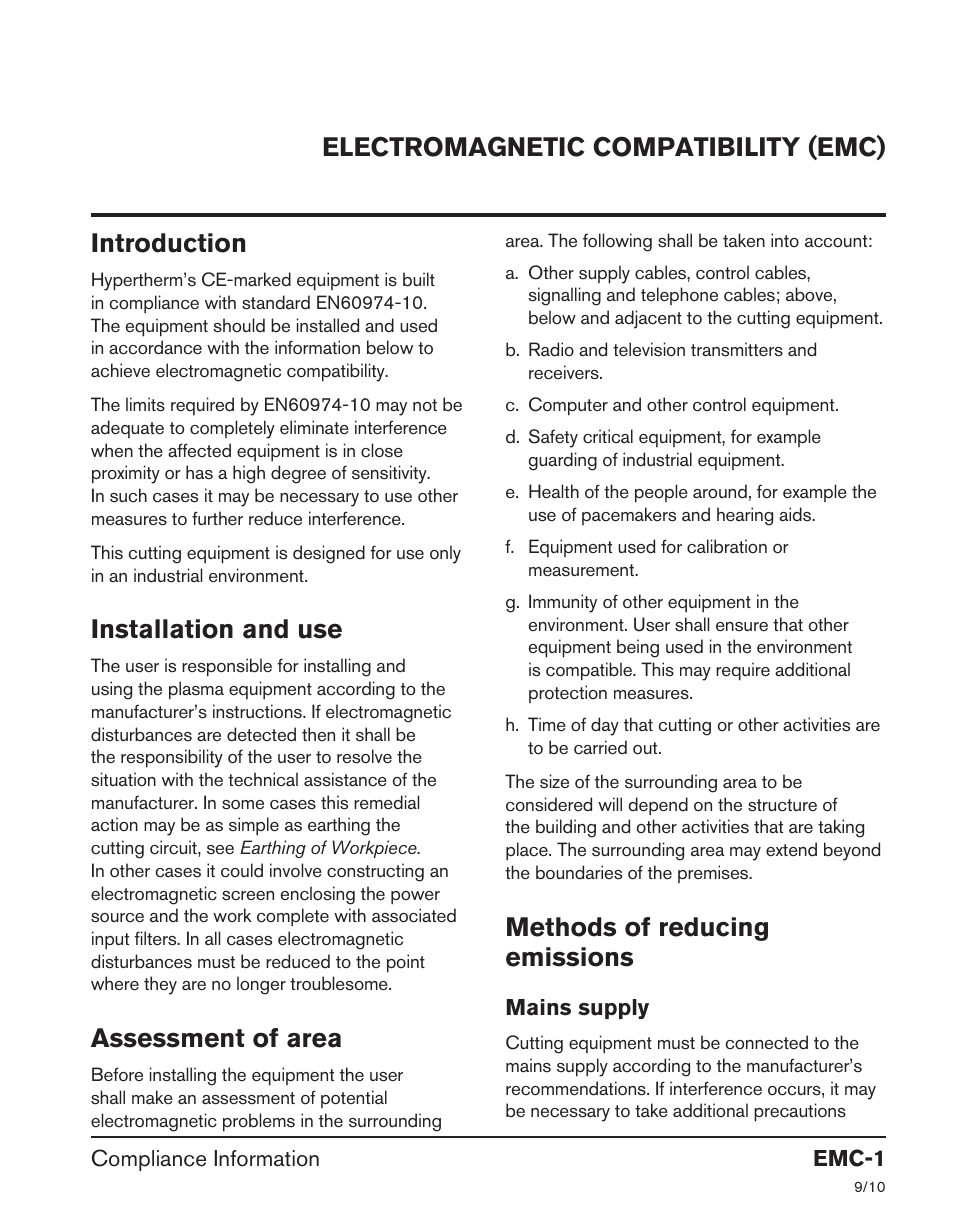 Electromagnetic compatibility (emc), Introduction, Installation and use | Assessment of area, Methods of reducing emissions | Hypertherm HRT User Manual | Page 5 / 98