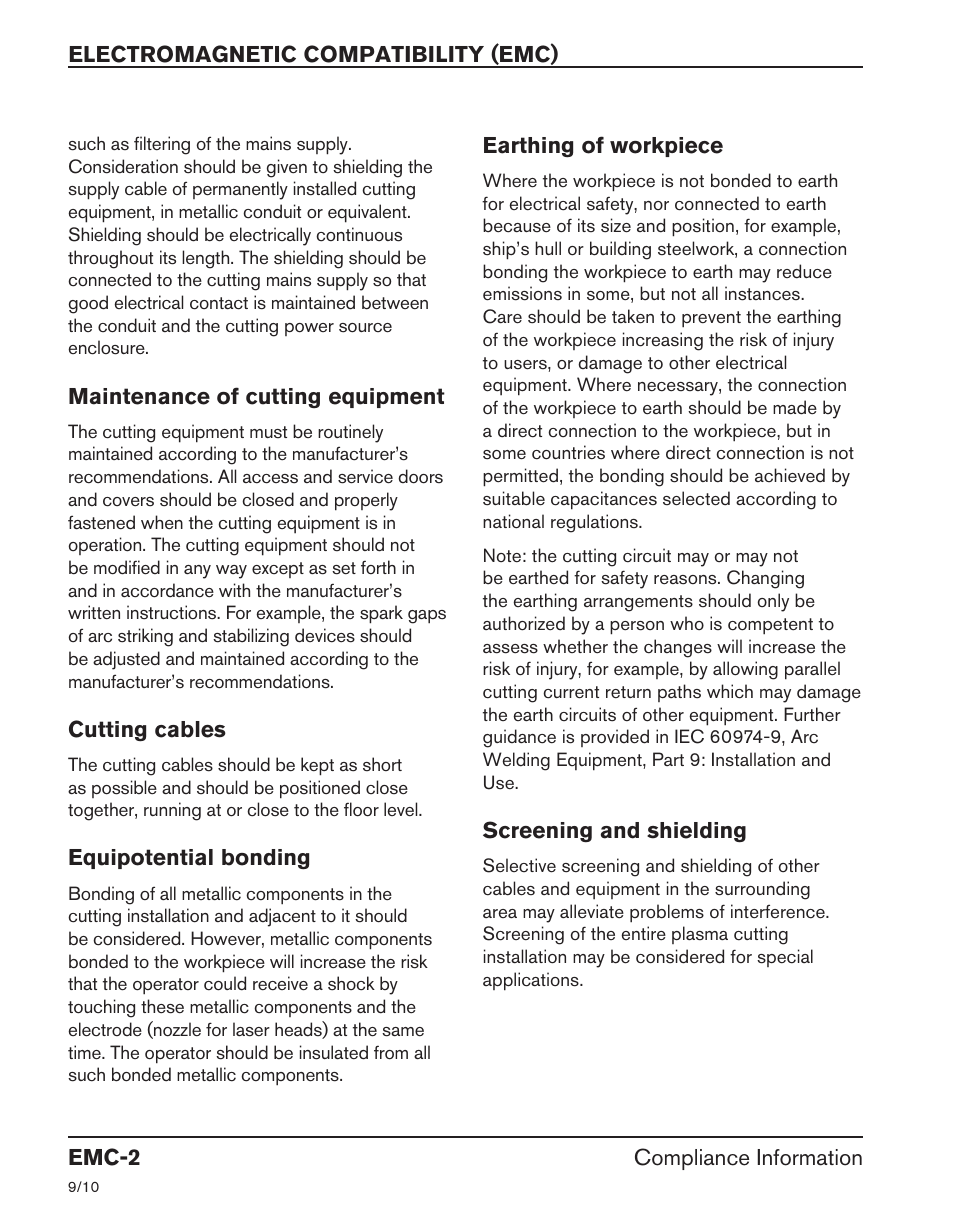 Electromagnetic compatibility (emc), Emc-2 compliance information, Maintenance of cutting equipment | Cutting cables, Equipotential bonding, Earthing of workpiece, Screening and shielding | Hypertherm HRT User Manual | Page 6 / 98