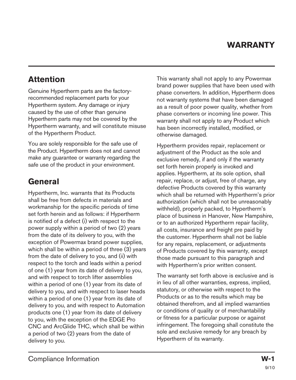 Warranty, Attention, General | Compliance information w-1 | Hypertherm HRT User Manual | Page 7 / 98