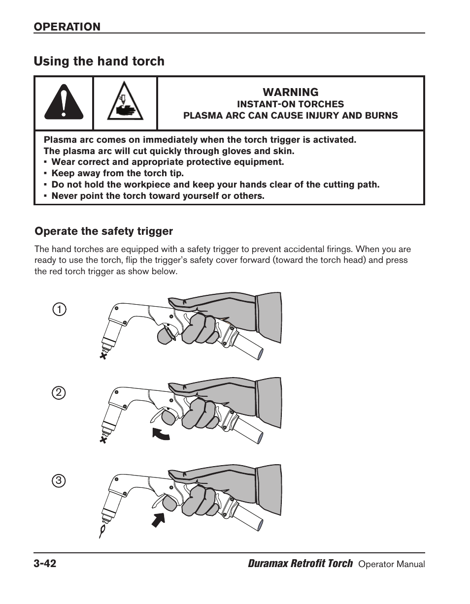 Using the hand torch, Operate the safety trigger, Using the hand torch ‑42 | Operate the safety trigger ‑42 | Hypertherm HRT User Manual | Page 78 / 98