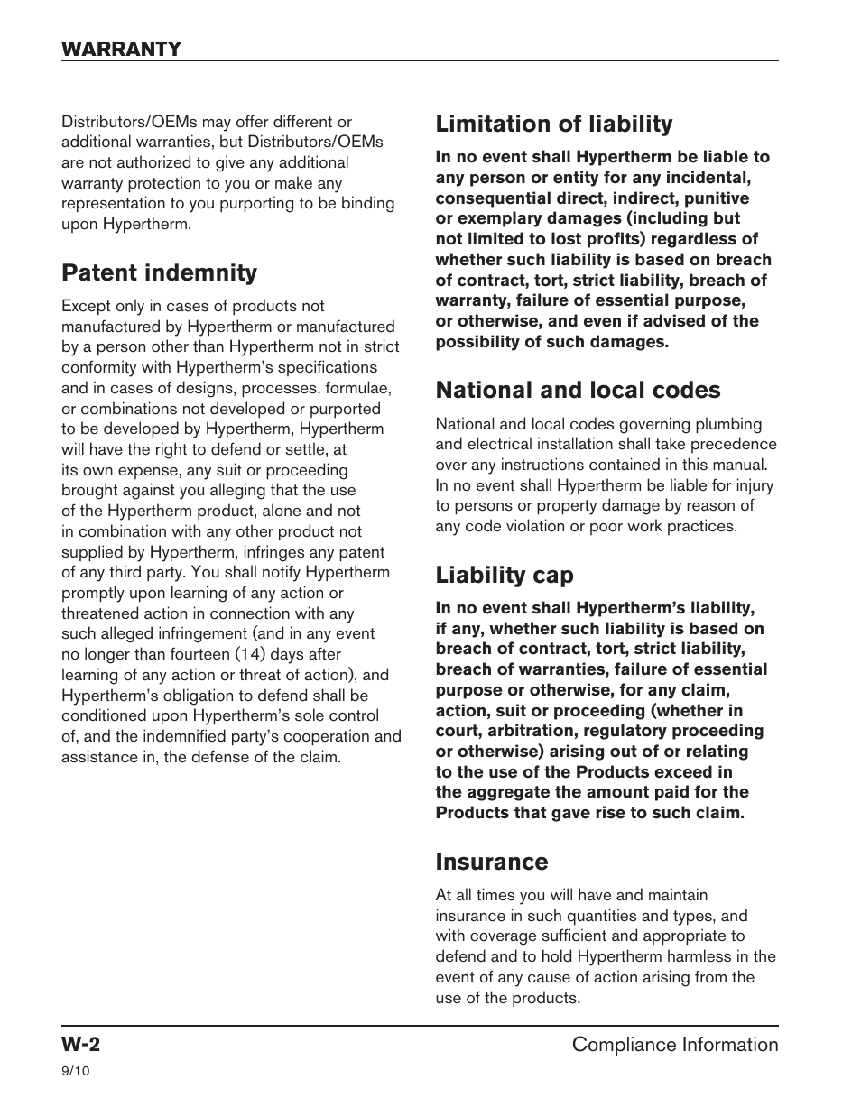 Patent indemnity, Limitation of liability, National and local codes | Liability cap, Insurance | Hypertherm HRT User Manual | Page 8 / 98