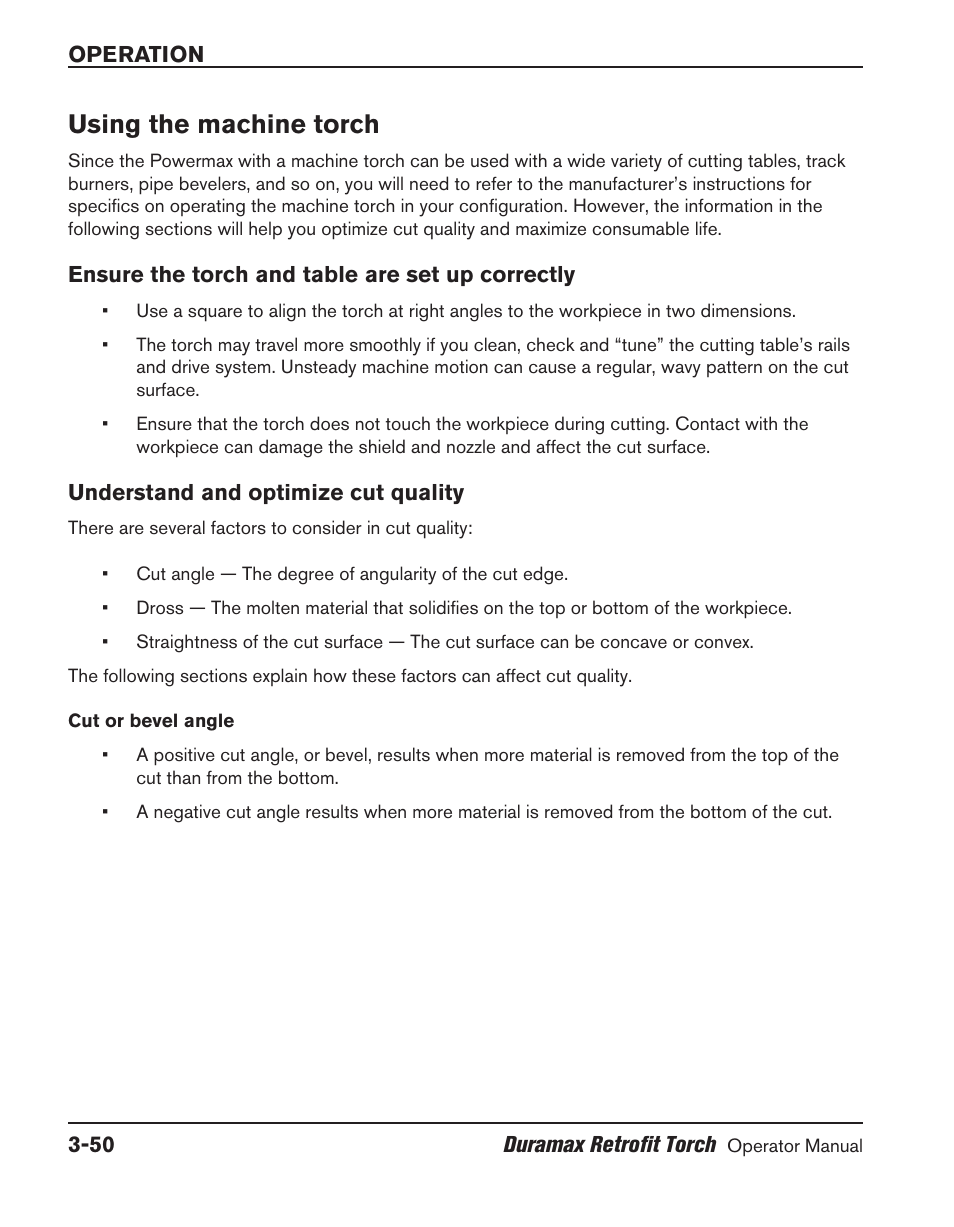 Using the machine torch, Ensure the torch and table are set up correctly, Understand and optimize cut quality | Using the machine torch ‑50 | Hypertherm HRT User Manual | Page 86 / 98