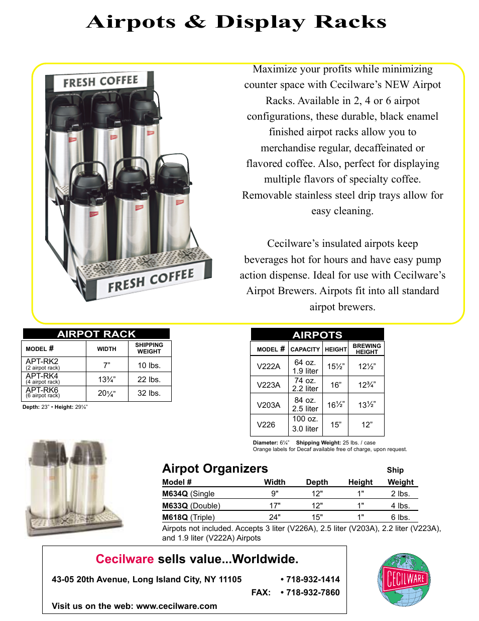 Airpots & display racks, Cecilware sells value...worldwide, Airpot organizers | Cecilware V278A User Manual | Page 3 / 3