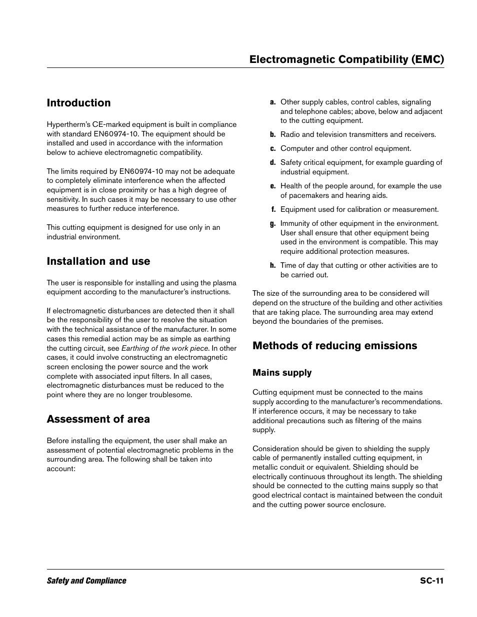 Electromagnetic compatibility (emc), Introduction, Installation and use | Assessment of area, Methods of reducing emissions, Mains supply, Electromagnetic, Electromagnetic compatibility (emc) introduction | Hypertherm Duramax Hyamp Long Handheld Torches User Manual | Page 11 / 92
