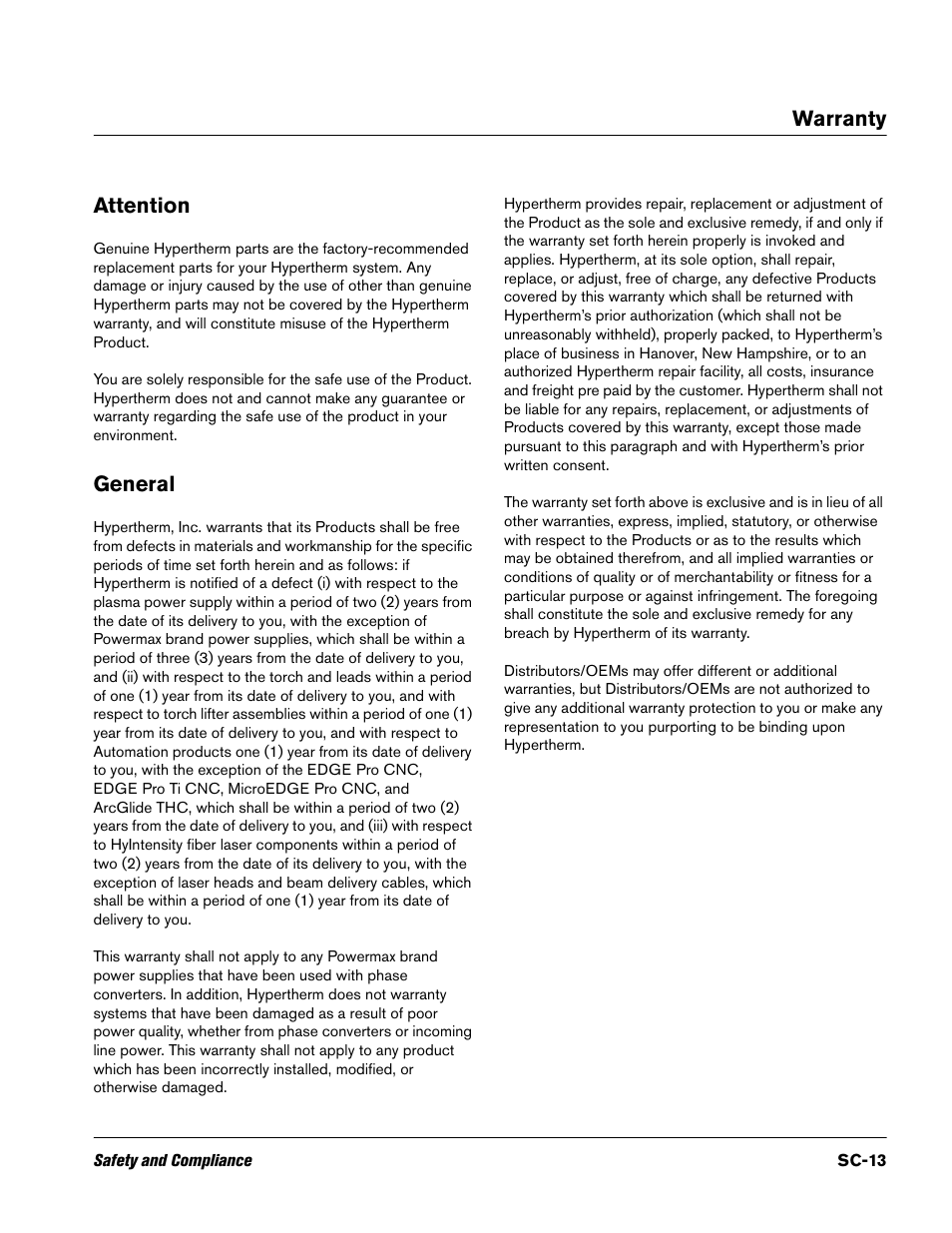 Warranty, Attention, General | Sc-13, Warranty attention | Hypertherm Duramax Hyamp Long Handheld Torches User Manual | Page 13 / 92
