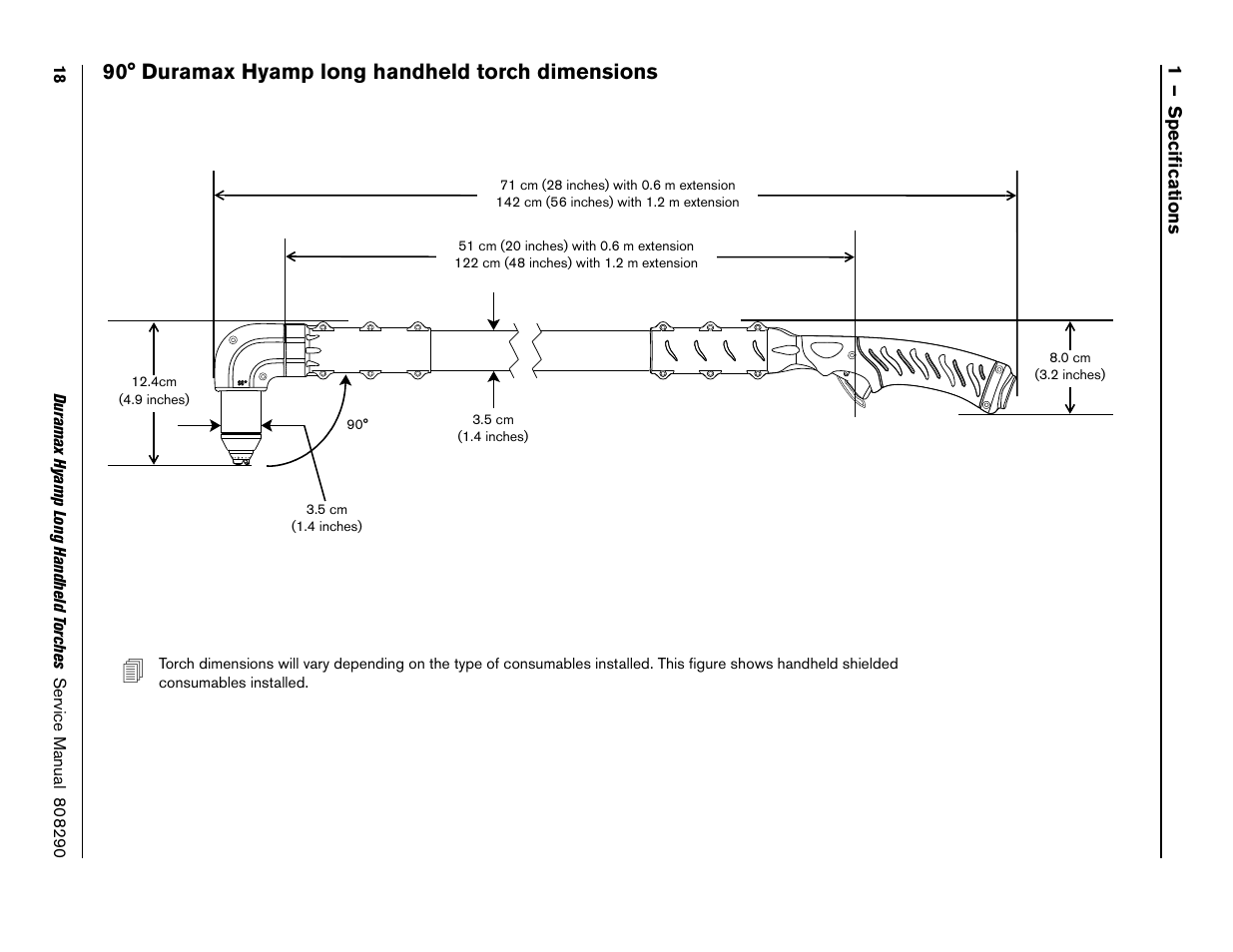 90° duramax hyamp long handheld torch dimensions | Hypertherm Duramax Hyamp Long Handheld Torches User Manual | Page 18 / 92