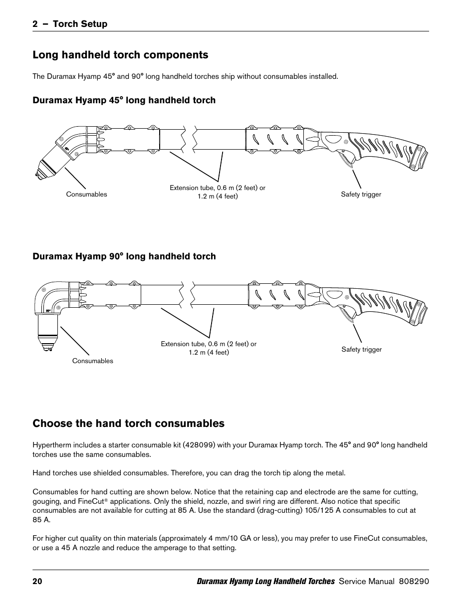 Long handheld torch components, Duramax hyamp 45° long handheld torch, Duramax hyamp 90° long handheld torch | Choose the hand torch consumables | Hypertherm Duramax Hyamp Long Handheld Torches User Manual | Page 20 / 92