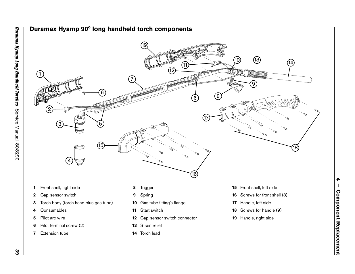 Duramax hyamp 90° long handheld torch components | Hypertherm Duramax Hyamp Long Handheld Torches User Manual | Page 39 / 92