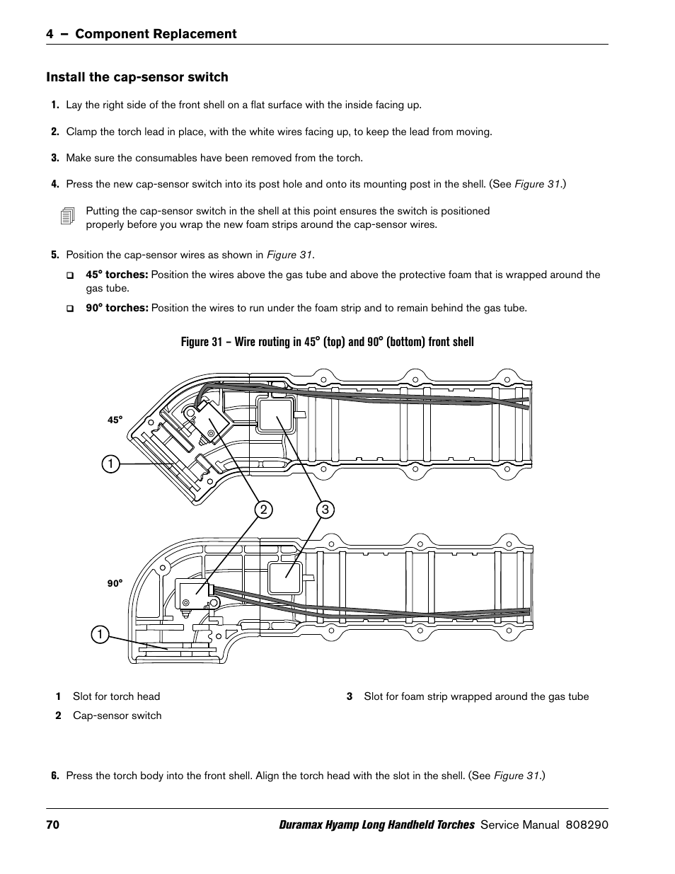 Install the cap-sensor switch | Hypertherm Duramax Hyamp Long Handheld Torches User Manual | Page 70 / 92
