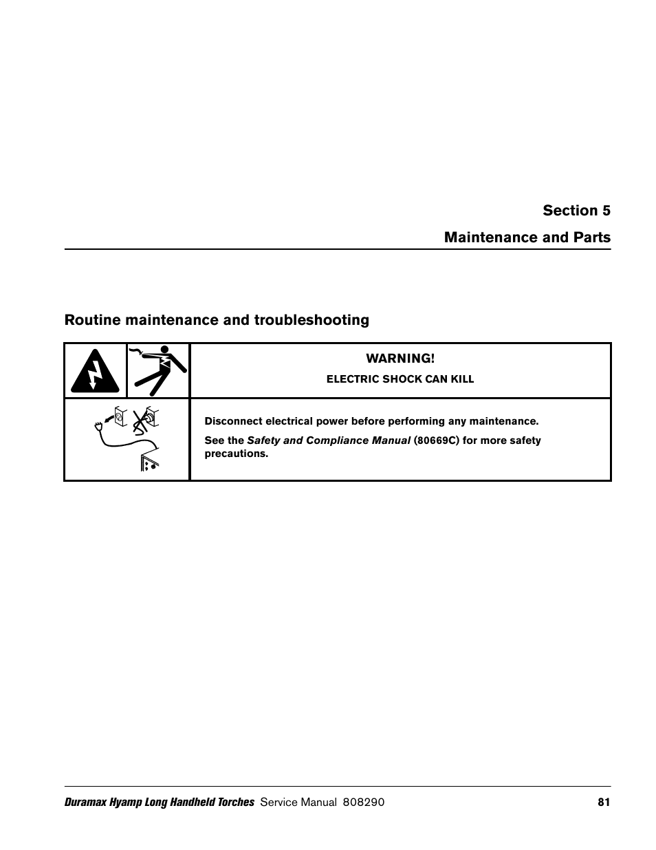 Maintenance and parts, Routine maintenance and troubleshooting | Hypertherm Duramax Hyamp Long Handheld Torches User Manual | Page 81 / 92