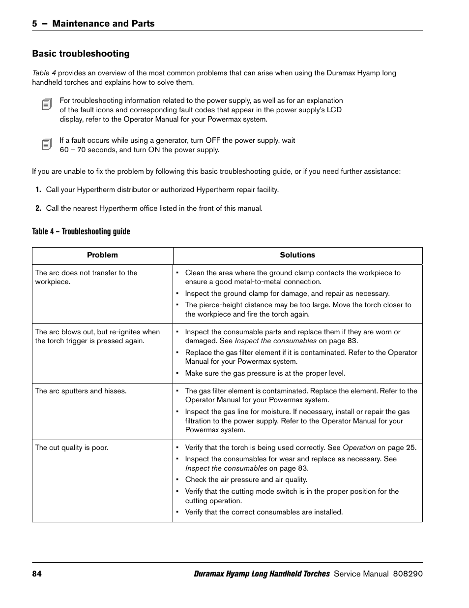 Basic troubleshooting | Hypertherm Duramax Hyamp Long Handheld Torches User Manual | Page 84 / 92