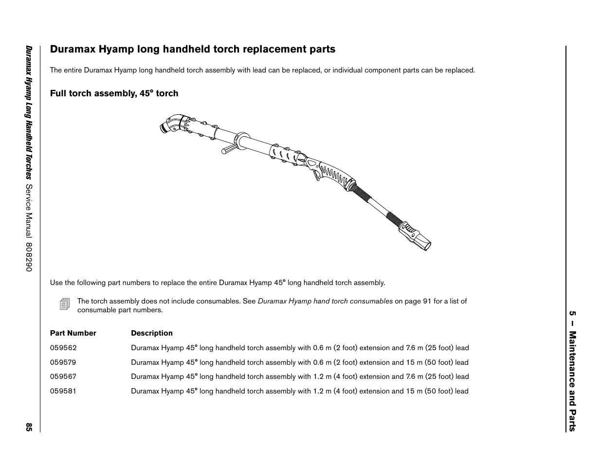 Full torch assembly, 45° torch | Hypertherm Duramax Hyamp Long Handheld Torches User Manual | Page 85 / 92