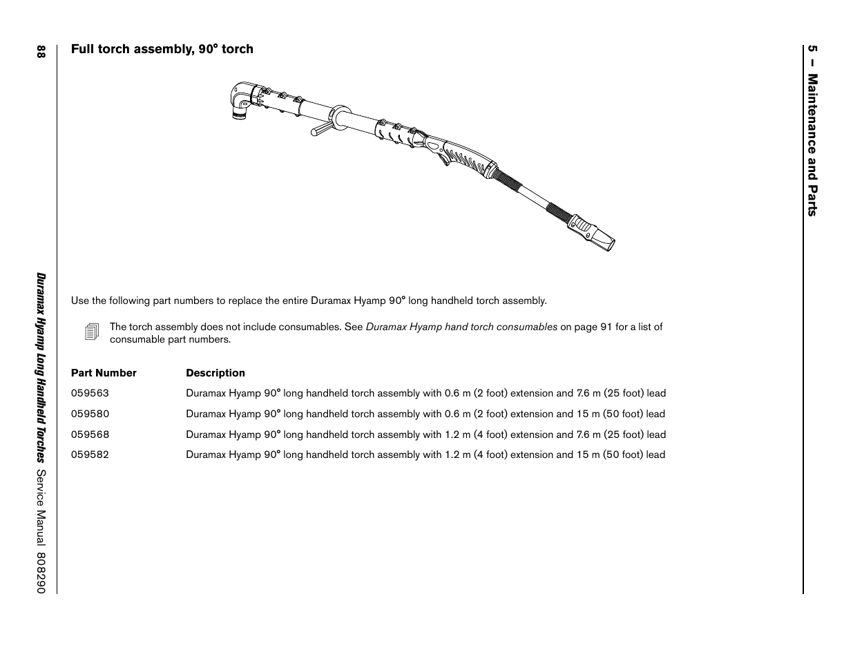 Full torch assembly, 90° torch | Hypertherm Duramax Hyamp Long Handheld Torches User Manual | Page 88 / 92