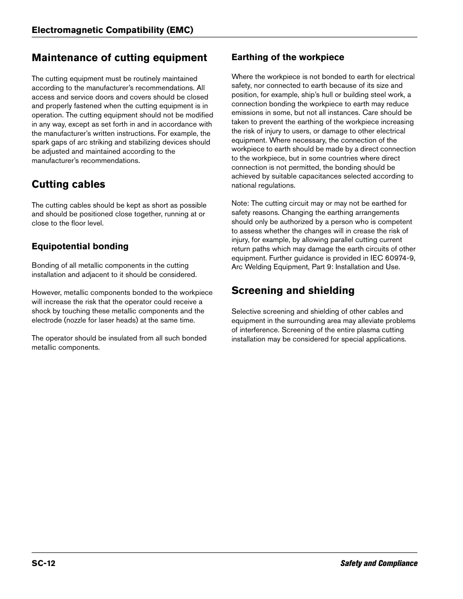 Maintenance of cutting equipment, Cutting cables, Equipotential bonding | Earthing of the workpiece, Screening and shielding | Hypertherm Duramax Hyamp Robotic Torch User Manual | Page 12 / 74