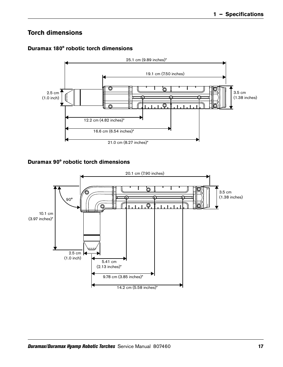 Torch dimensions, Duramax 180° robotic torch dimensions, Duramax 90° robotic torch dimensions | Hypertherm Duramax Hyamp Robotic Torch User Manual | Page 17 / 74