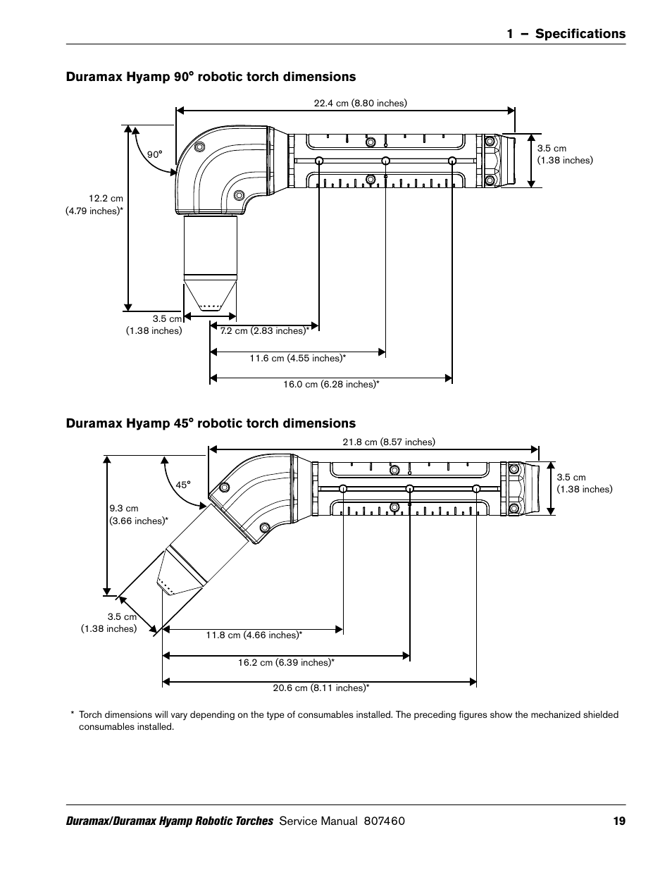 Duramax hyamp 90° robotic torch dimensions, Duramax hyamp 45° robotic torch dimensions | Hypertherm Duramax Hyamp Robotic Torch User Manual | Page 19 / 74