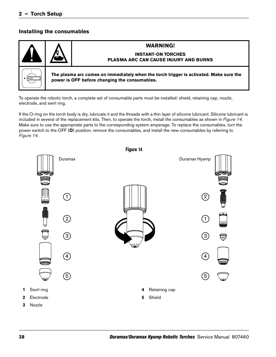 Installing the consumables | Hypertherm Duramax Hyamp Robotic Torch User Manual | Page 38 / 74