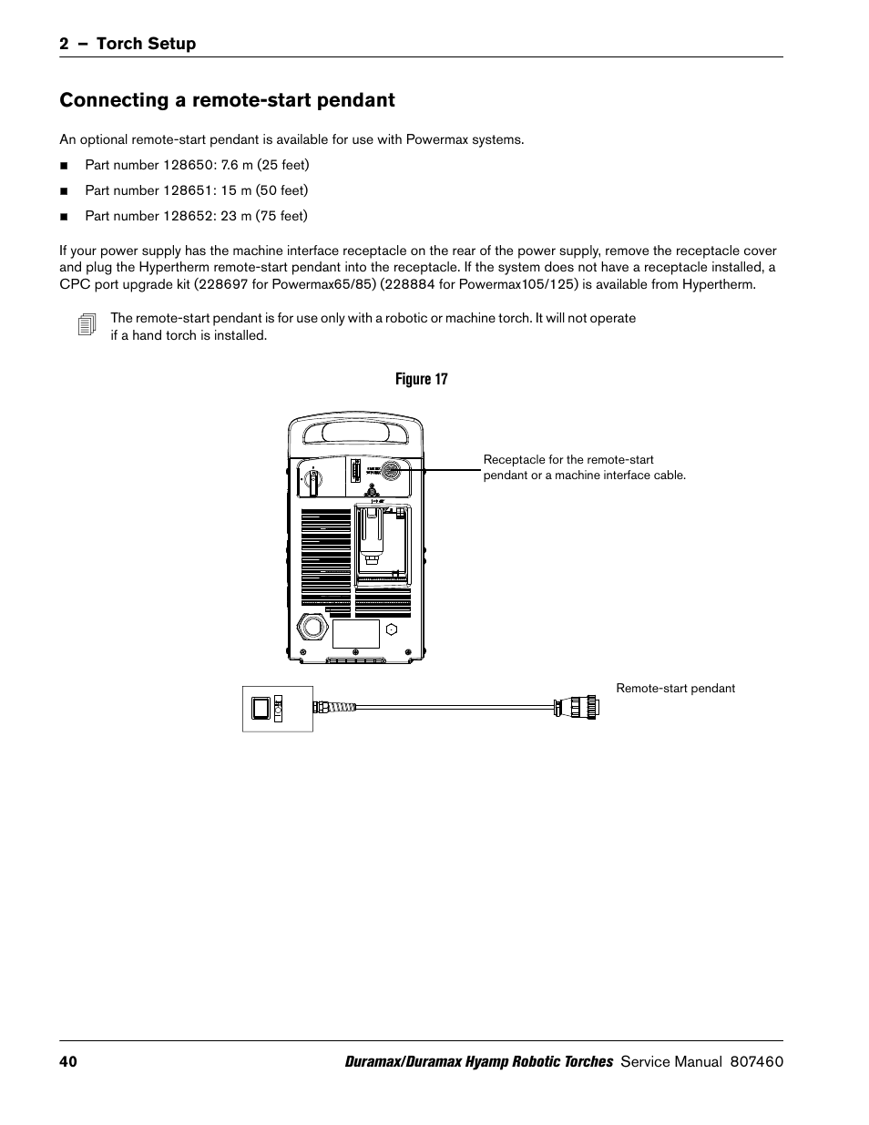 Connecting a remote-start pendant | Hypertherm Duramax Hyamp Robotic Torch User Manual | Page 40 / 74