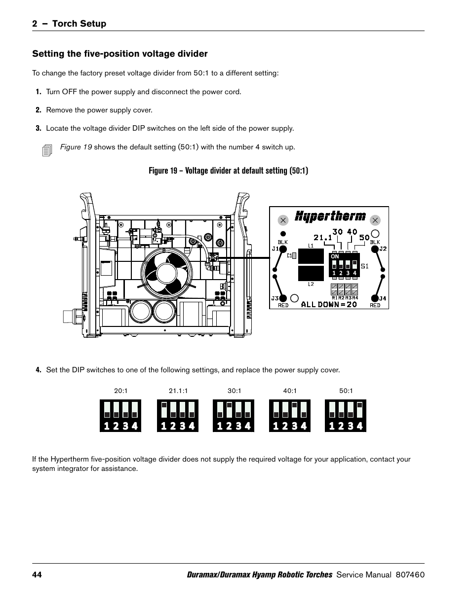 Setting the five-position voltage divider | Hypertherm Duramax Hyamp Robotic Torch User Manual | Page 44 / 74