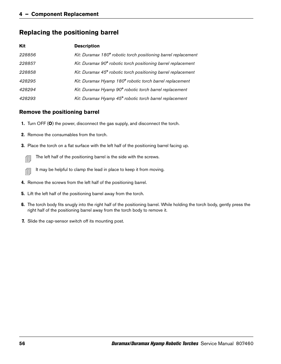 Replacing the positioning barrel, Remove the positioning barrel | Hypertherm Duramax Hyamp Robotic Torch User Manual | Page 56 / 74