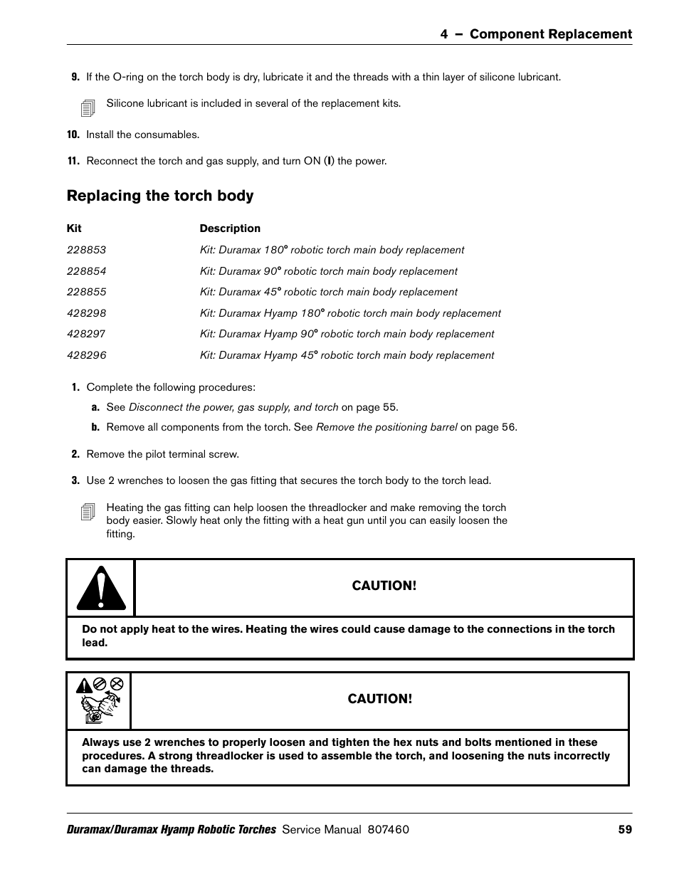 Replacing the torch body | Hypertherm Duramax Hyamp Robotic Torch User Manual | Page 59 / 74