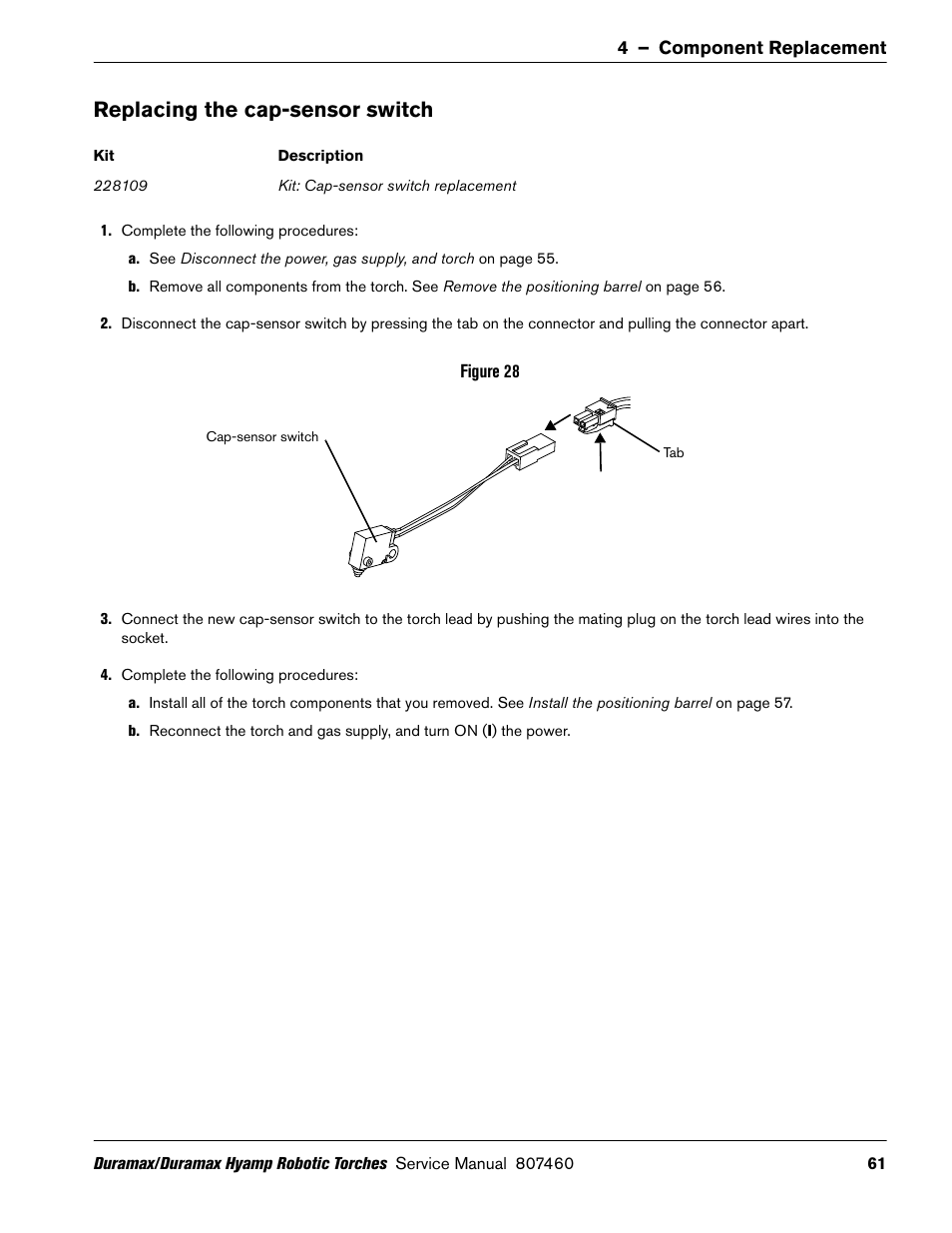 Replacing the cap-sensor switch | Hypertherm Duramax Hyamp Robotic Torch User Manual | Page 61 / 74