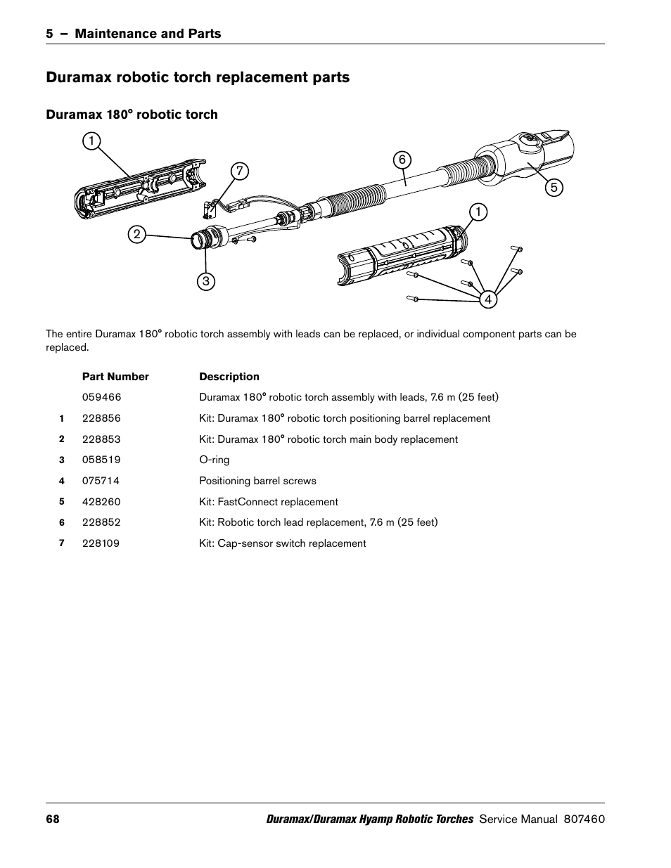 Duramax robotic torch replacement parts, Duramax 180° robotic torch, Kit: cap-sensor switch replacement | Duramax robotic torch replacement | Hypertherm Duramax Hyamp Robotic Torch User Manual | Page 68 / 74