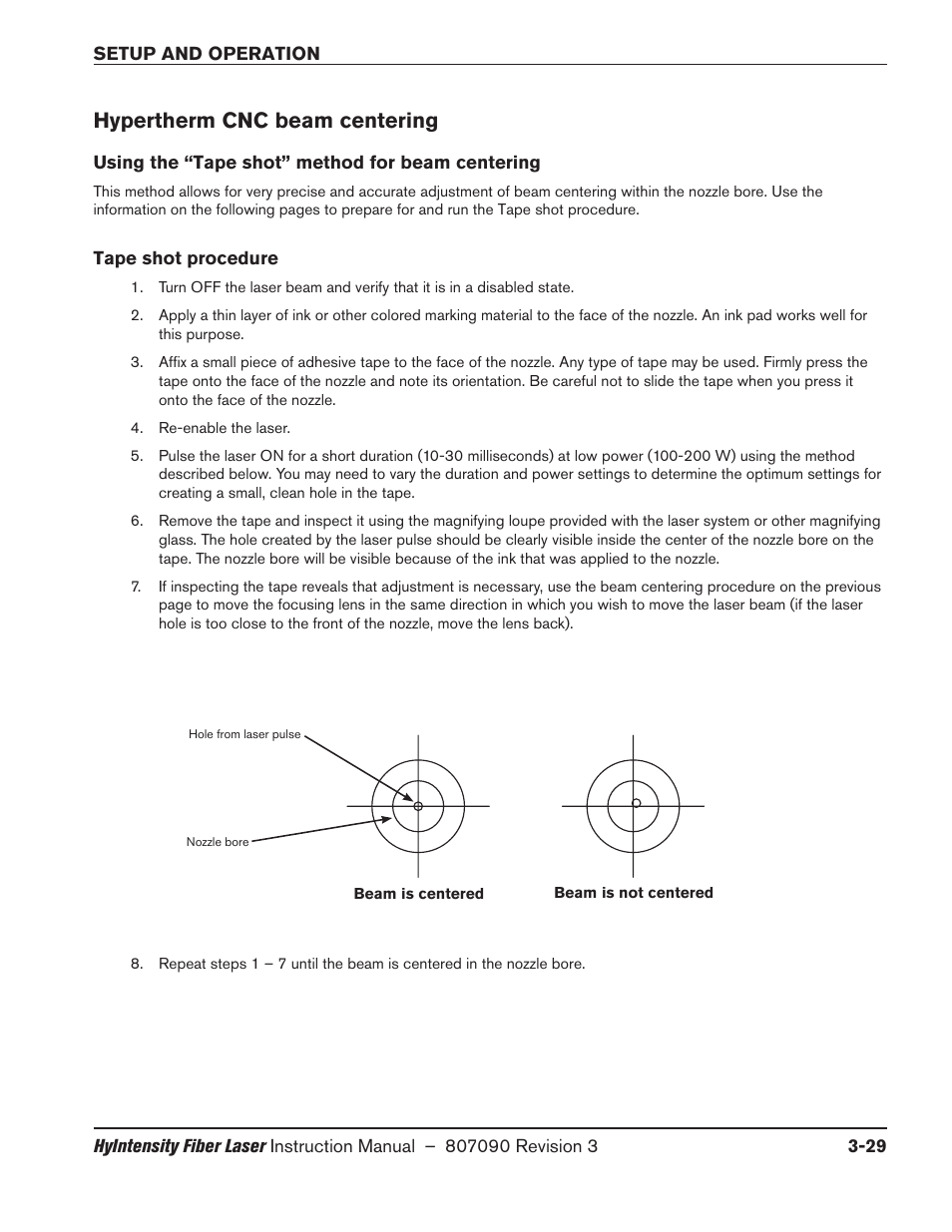 Hypertherm cnc beam centering, Using the “tape shot” method for beam centering, Tape shot procedure | Hypertherm cnc beam centering -29 | Hypertherm HyIntensity Fiber Laser Rev.3 User Manual | Page 137 / 240