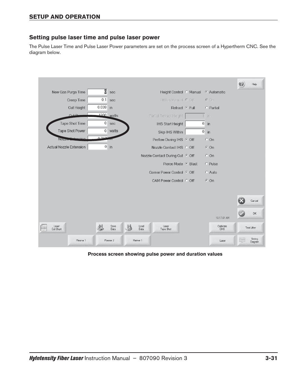 Setting pulse laser time and pulse laser power, Setting pulse laser time and pulse laser power -31 | Hypertherm HyIntensity Fiber Laser Rev.3 User Manual | Page 139 / 240