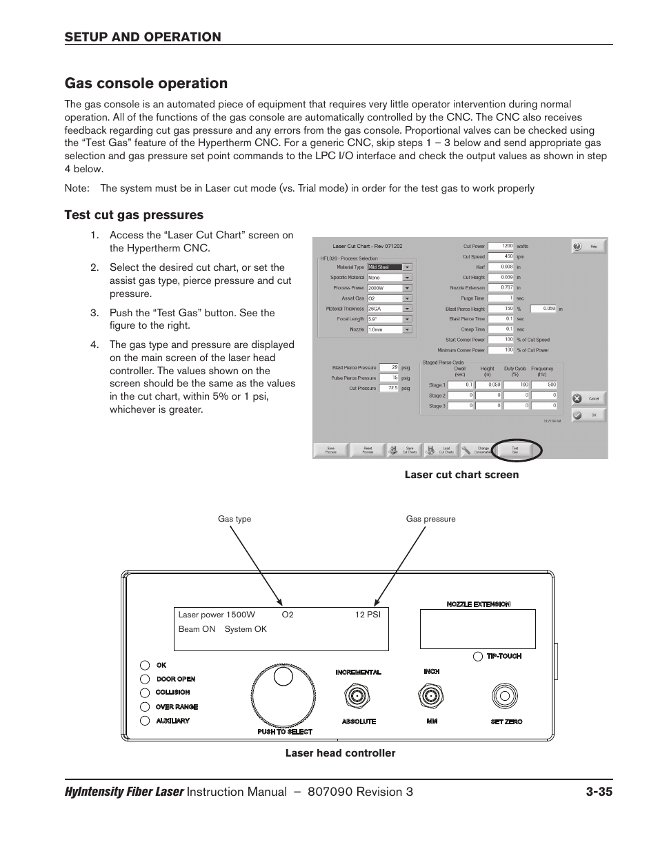 Gas console operation, Test cut gas pressures, Gas console operation -35 | Test cut gas pressures -35 | Hypertherm HyIntensity Fiber Laser Rev.3 User Manual | Page 143 / 240