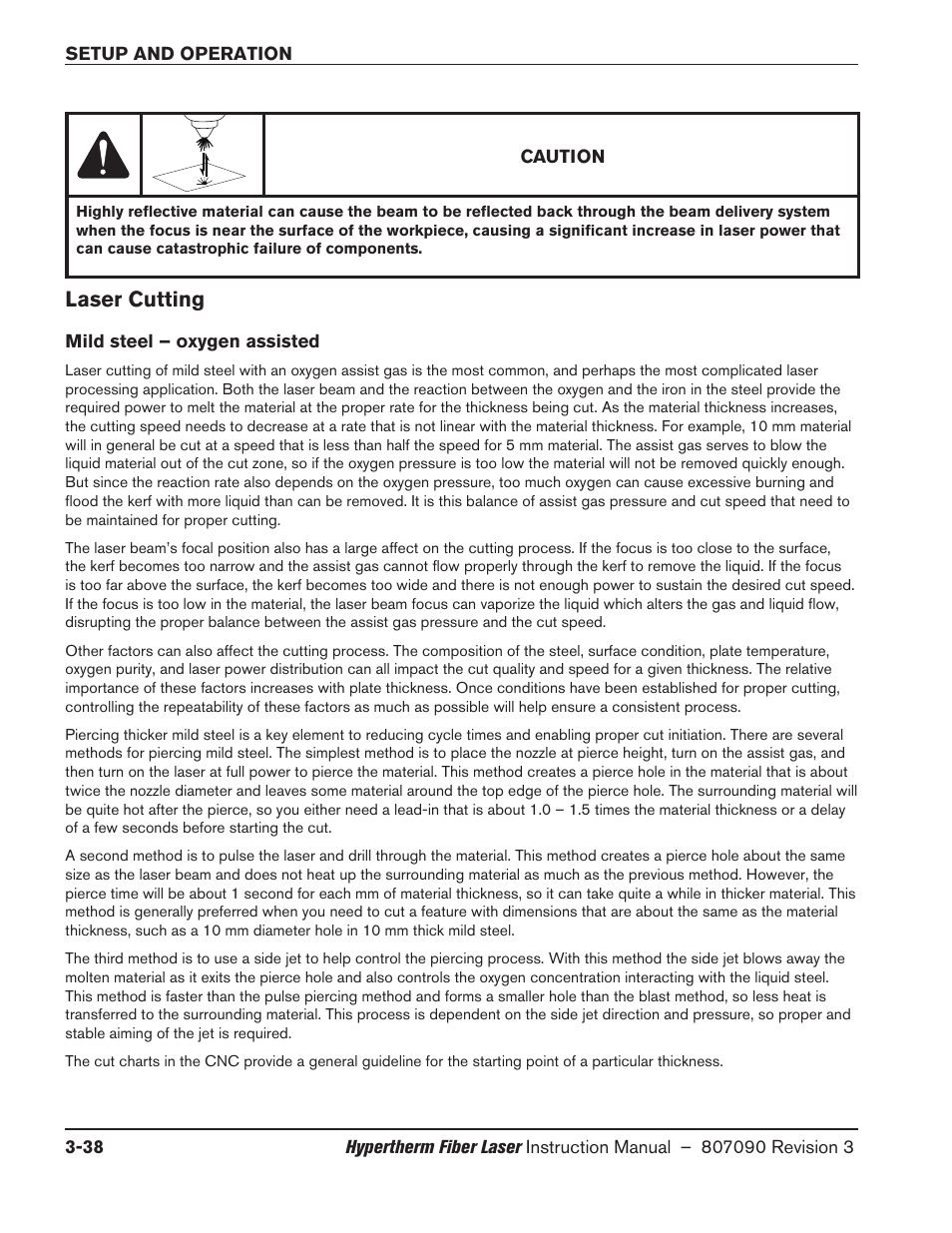 Laser cutting, Mild steel – oxygen assisted, Laser cutting -38 | Mild steel – oxygen assisted -38 | Hypertherm HyIntensity Fiber Laser Rev.3 User Manual | Page 146 / 240